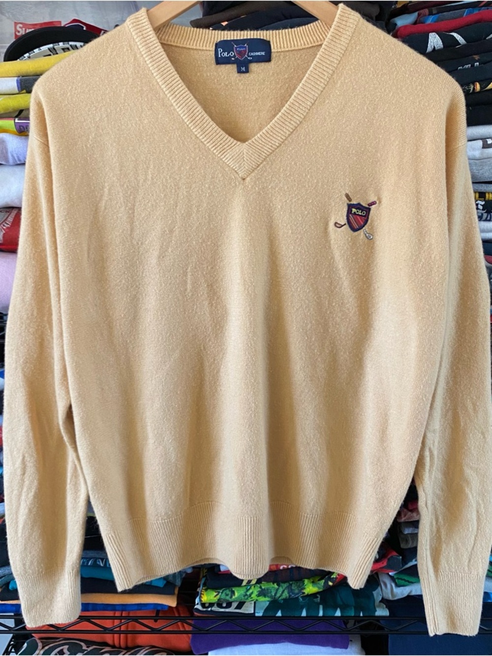 Vintage Polo Ralph Lauren Cahsmere Sweater Yellow Embroidered Golf Crest Logo